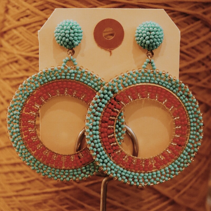 These lovely teal and red beaded earrings measure 3 inches long!