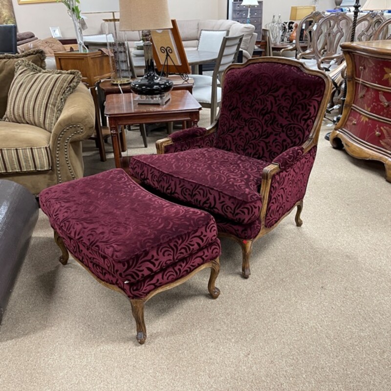 Burgandy Upholstered Bergere Chair + Ottoman, Size: 34x29