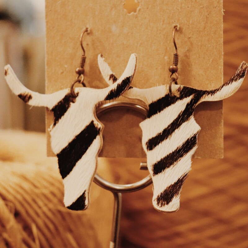 Zebra Print Leather Cowhide Longhorn Earrings. Lightweight 2