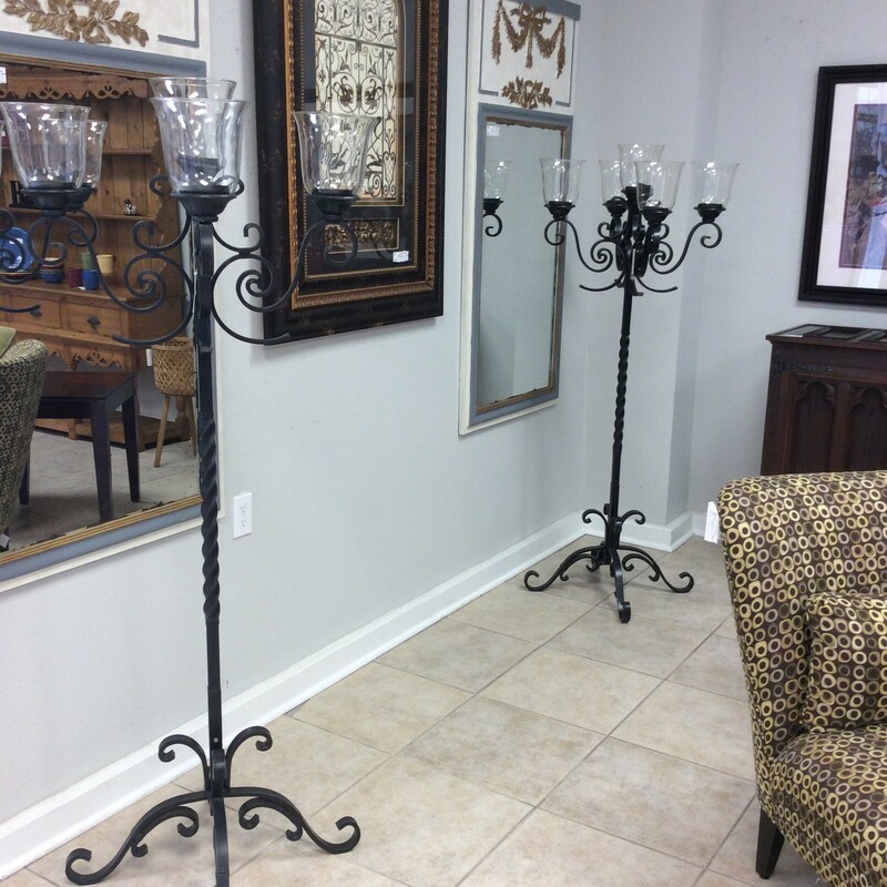 These floor sconces with five clear glass candle holders are free standing. The base is black in color and twisted with scroll work throughout. Very elegant!
Measures 65\" tall