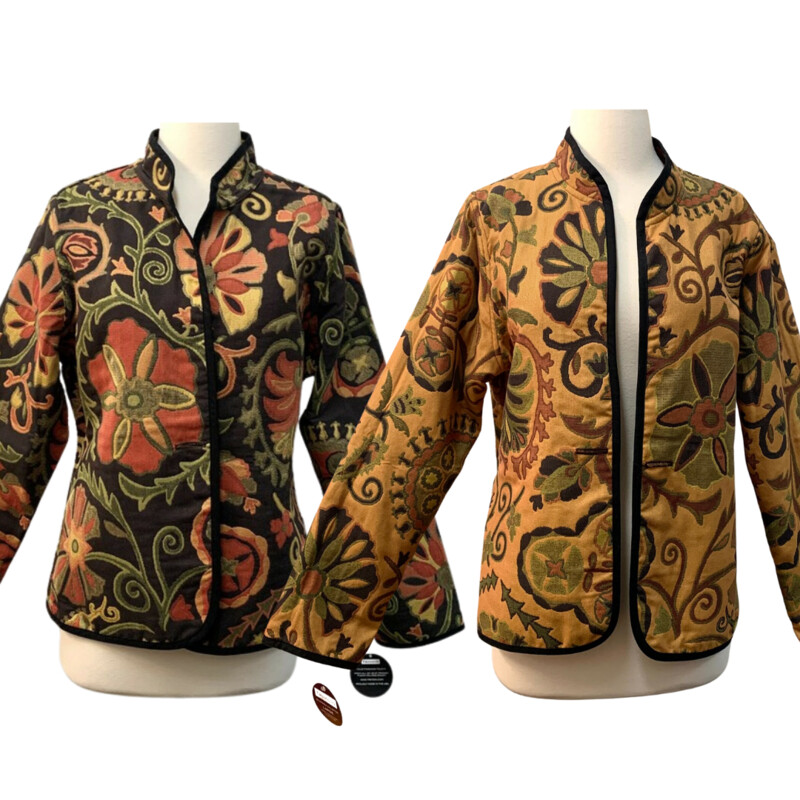 New Trimdin Reversible Floral Jacket
Coffee, Orange, Yellow, and Green
Size: Large