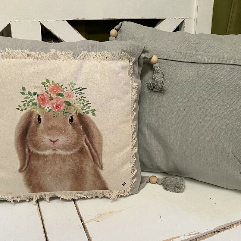 This sweet Bunny pillow measures 17 x 17 and is removable with a zipper for easy cleaning   Its soft grey color will look adorable anywhere in your home