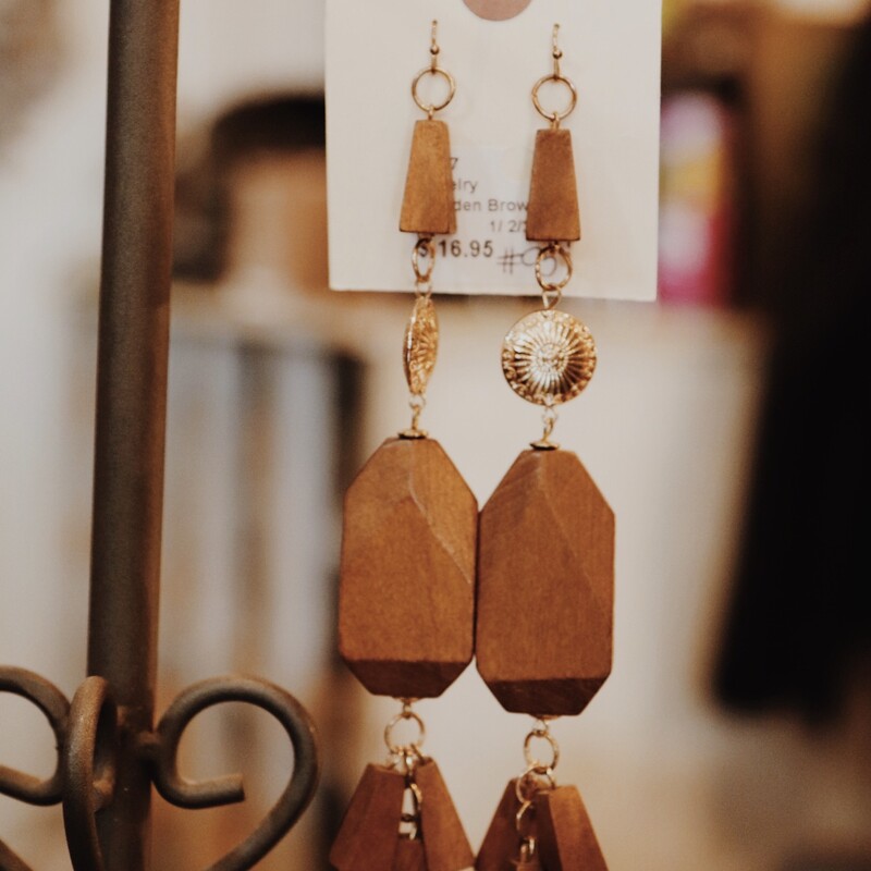 Boho Wooden Brown with Gold accent medallion earrings.  6inch