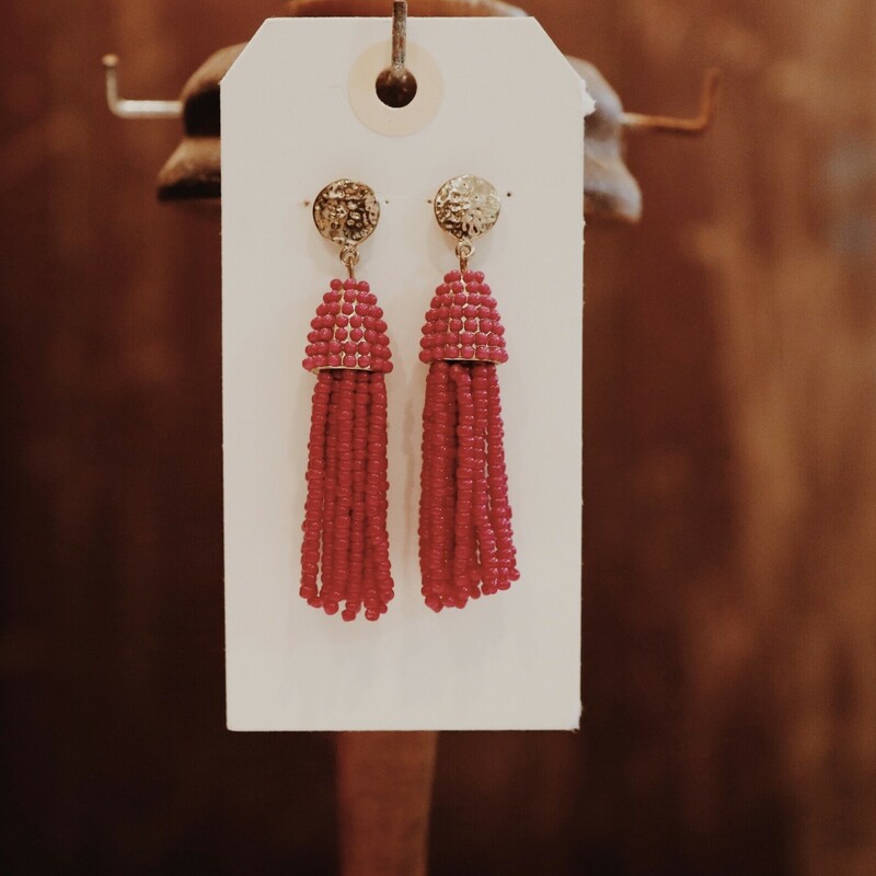 Adorable magenta pink beaded tassel earrings with gold accents! Light weight and 2.5 inches long.