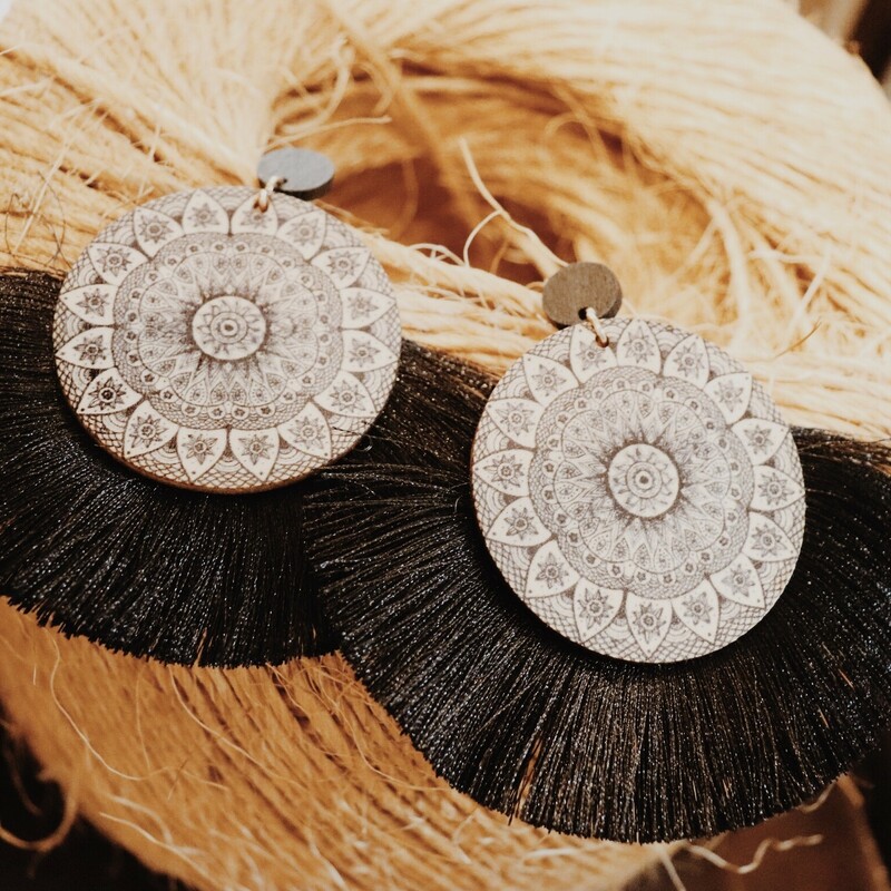 Boho black fringe aztec earrings! Light weight and 3 inches long.