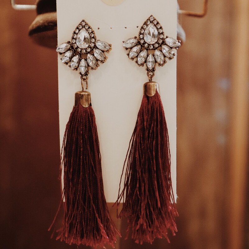 Beautiful burgandy rhinestone tassel earrings! 4 inches long.
