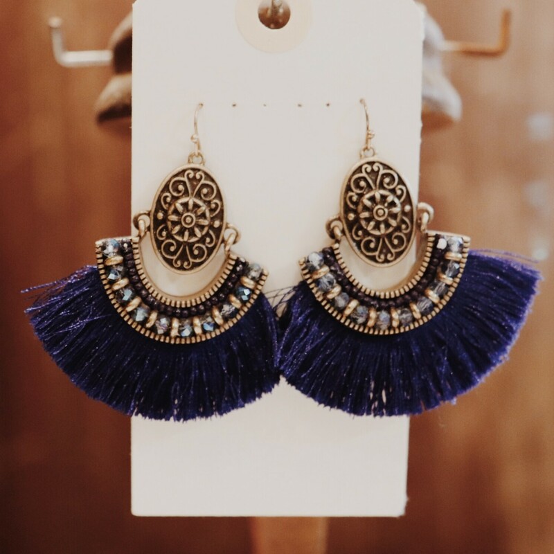 Boho Blue Gold Tassel Earrings! 3 inches long