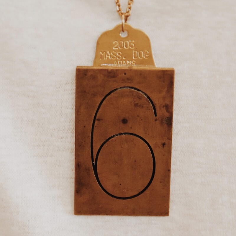 This handmade necklace has a 6 engraved brass plate and hangs on a 32 inch chain!