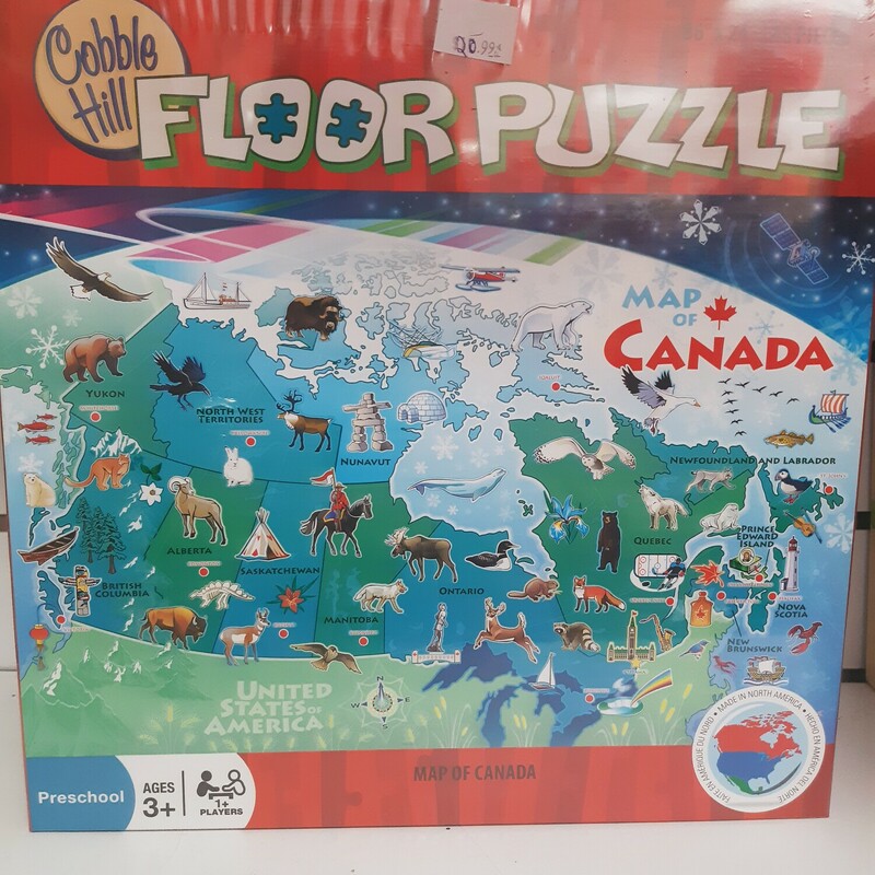 Map Of Canada Puzzle, Floor Puzzle
Ages 3+
48 pieces
36in x 24in

Cobble Hill used environmetally friendly inks and 100% recycled fibers.  Puzzle pieces are durable and thick, so the puzzles can be assembled over and over again!