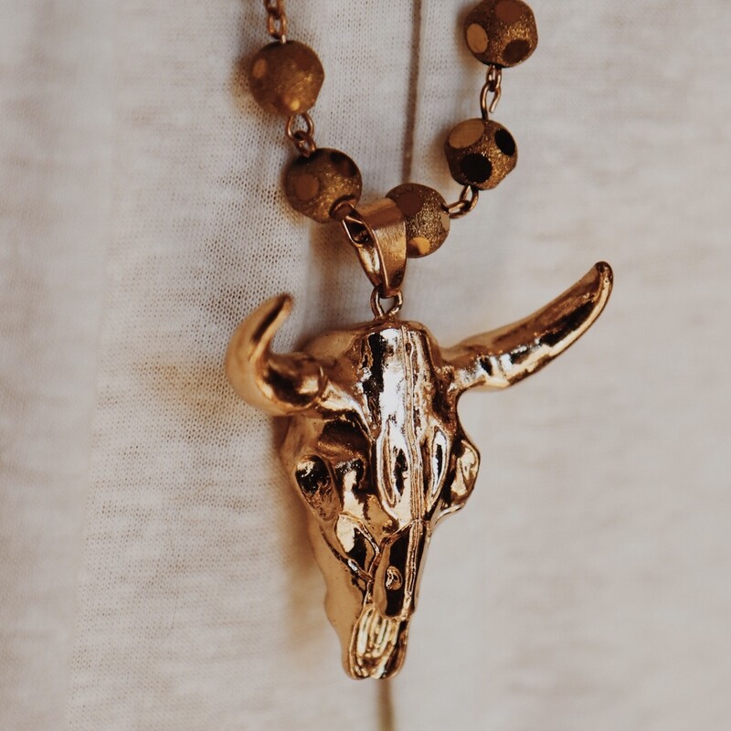 Boho Gold Beaded Cow Skull Necklace. 18 inch