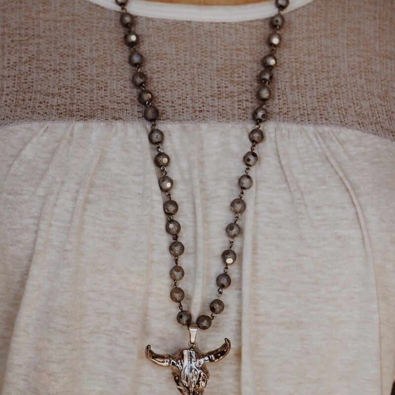 Boho Silver Beaded Cow Skull Necklace. 32 inch beaded chain. So cute layered with a choker!
