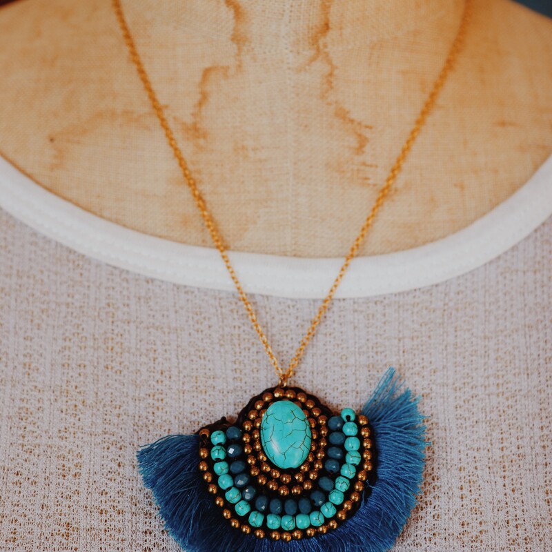 Blue Boho Necklace gold link chain with flashy blue and turquoise beaded pendant with blue fringe. Measuring 11.5 inches including the pendant.