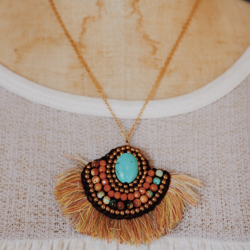 Boho Multi Color Necklace with a beaded and fringe pendant. measuring 12 inches long including the pendant