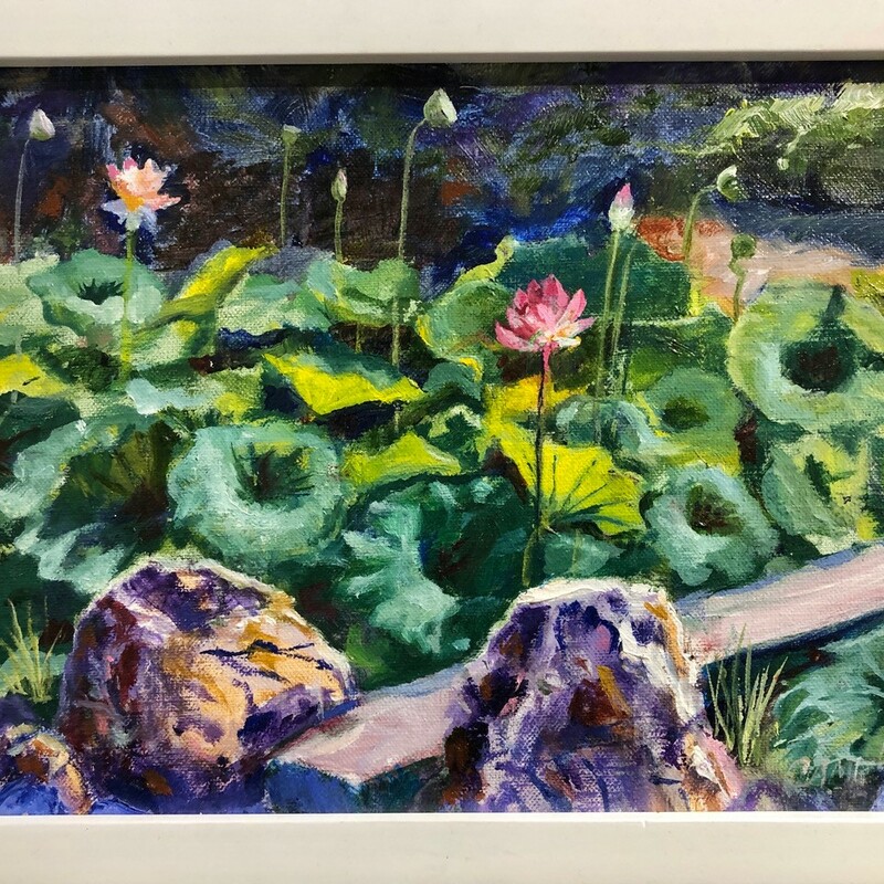 Lotus Alert,
Oil
14 x 10
William T. Campbell
Lotus blossoms seem to leap suddenly to the sky at the Norfolk Botanical Garden