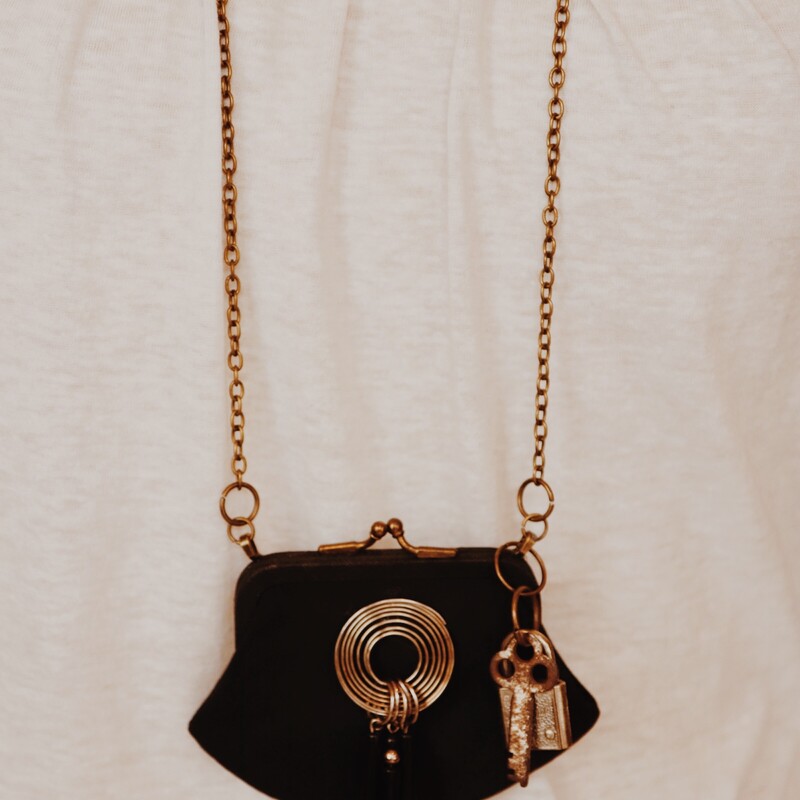 This beautiful handmade necklace is on a 39 inch chain. It has a vintage coin purse as the pendant!