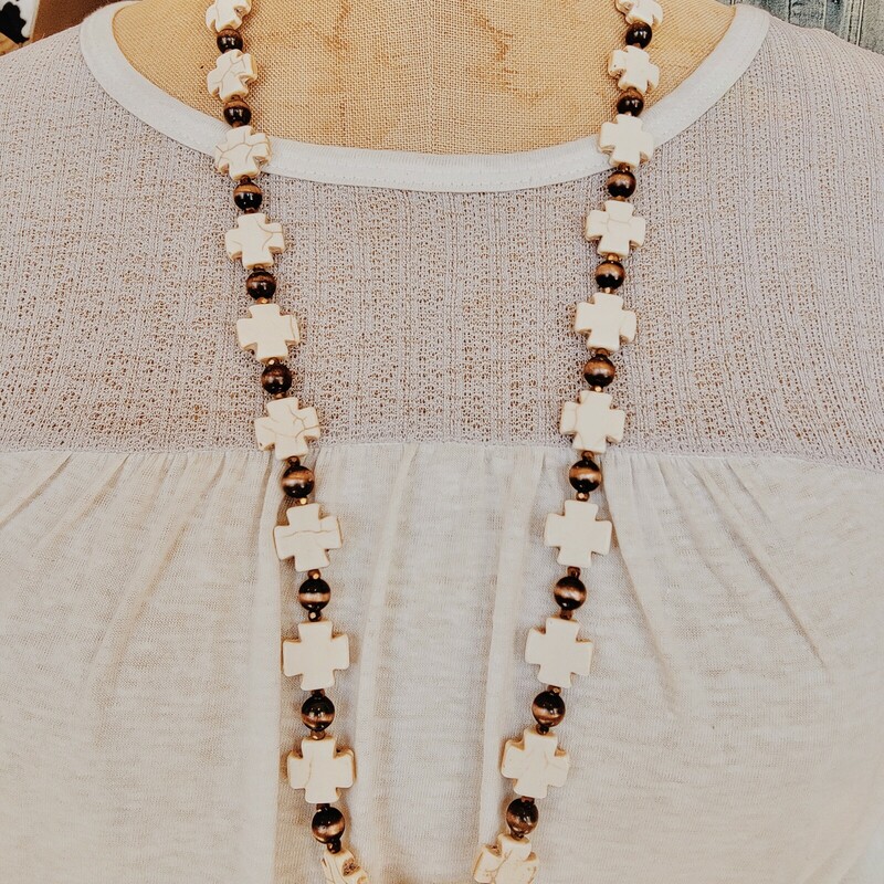 Boho Cream Cross Bronze Beaded Necklace. It is a 32 inch chain!