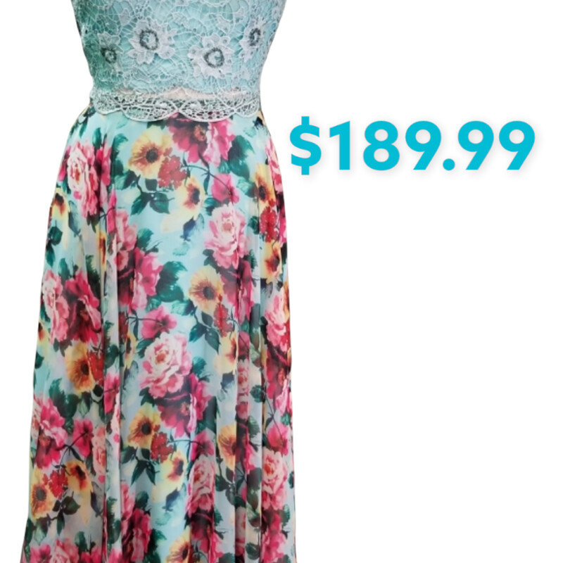 Rachel Allen 2 piece formal with lace and beaded back zip top and beatiful floral skirt that is longer in the back
Mint, pink, yellow, green and red
Size: 14
REMINDER: There are no returns so you may want to stop in and try it on before purchasing