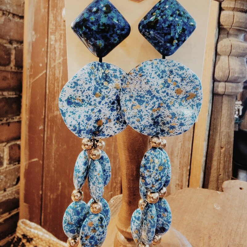 Blue Speckled Earrings with blue and white cpeckled tassles. Measuring 4.5 inches long