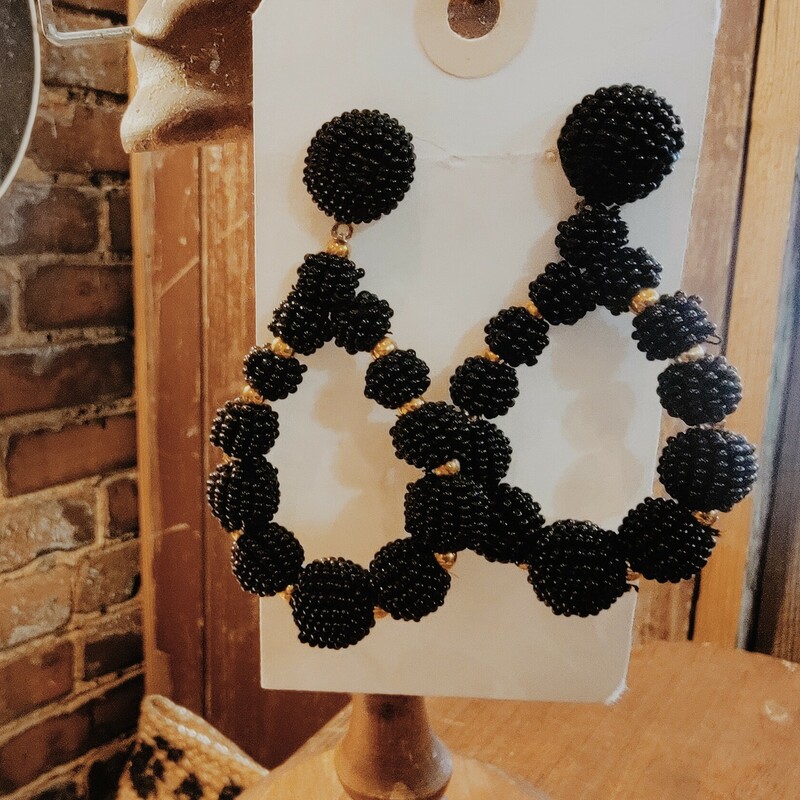 Beaded Teardrop Earrings, Composed of Beaded balls on a teardrop shaped loop. Measuring 3 inches long and coming in 2 different colors; Multicolored beads and Black Bead.