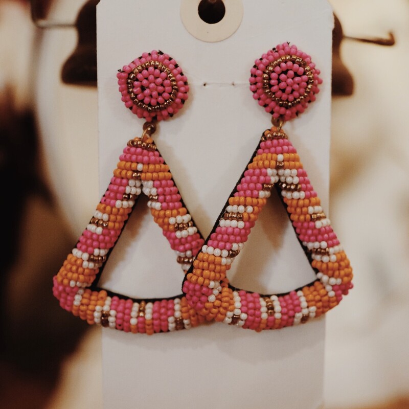 Colorful Beaded Earrings, The colors include neon pink, neon orange , white, and gold beads. They have a cloth back with a metal stud. They are 3 inches long.