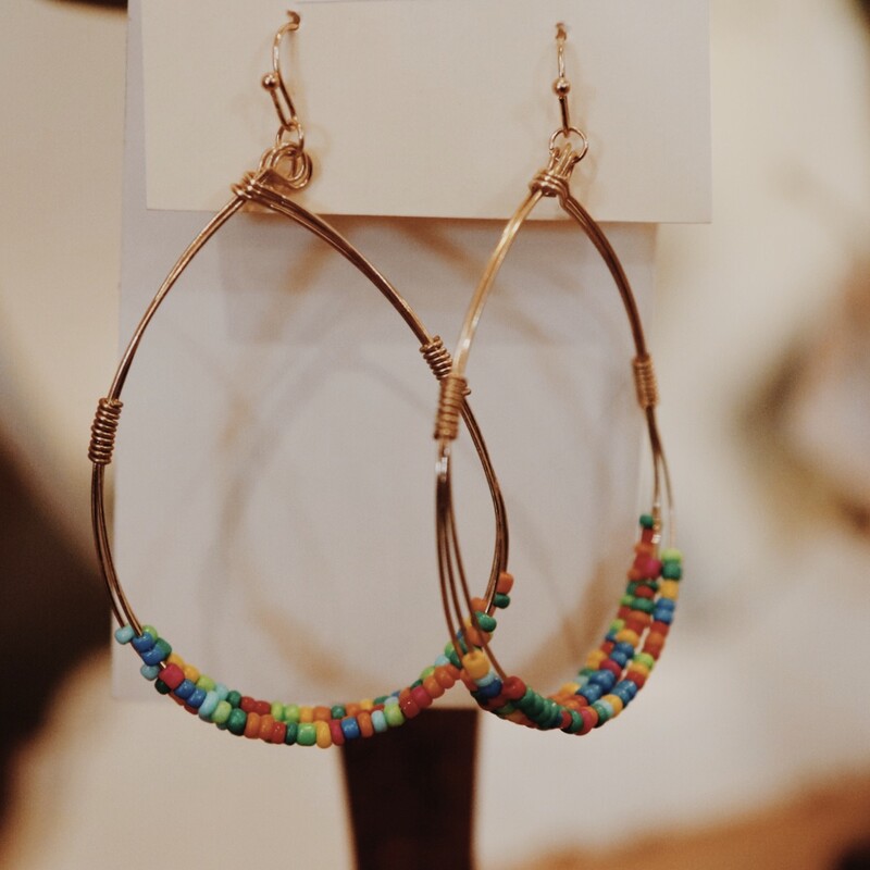 Colorful Earrings, Multicolored bead tear drop earrings, measuring 3 inches long.