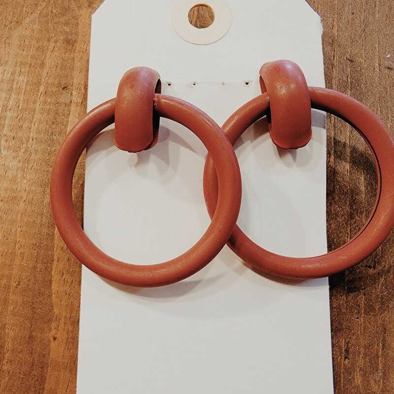 Retro Red Metal Hoop Earrings, Measuring 2.25 inches long.