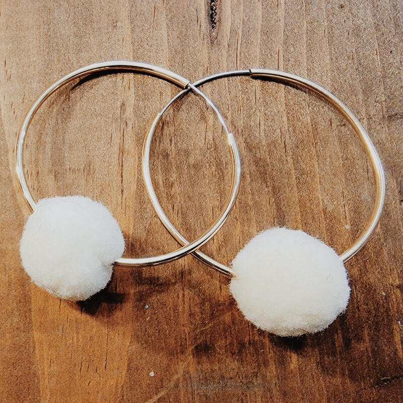 Boho Gold Hoop Earrings with cream pouff ball. 2 inch