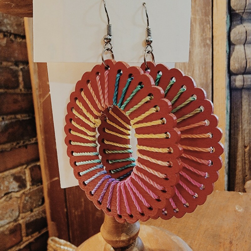 Red Wooden Oval Earrings w/ tie-dye Woven yarn through the center.
Beautiful, colorful and perfect for any occasion.
Measures 3 1/2'' long total and 2 1/4'' wide.