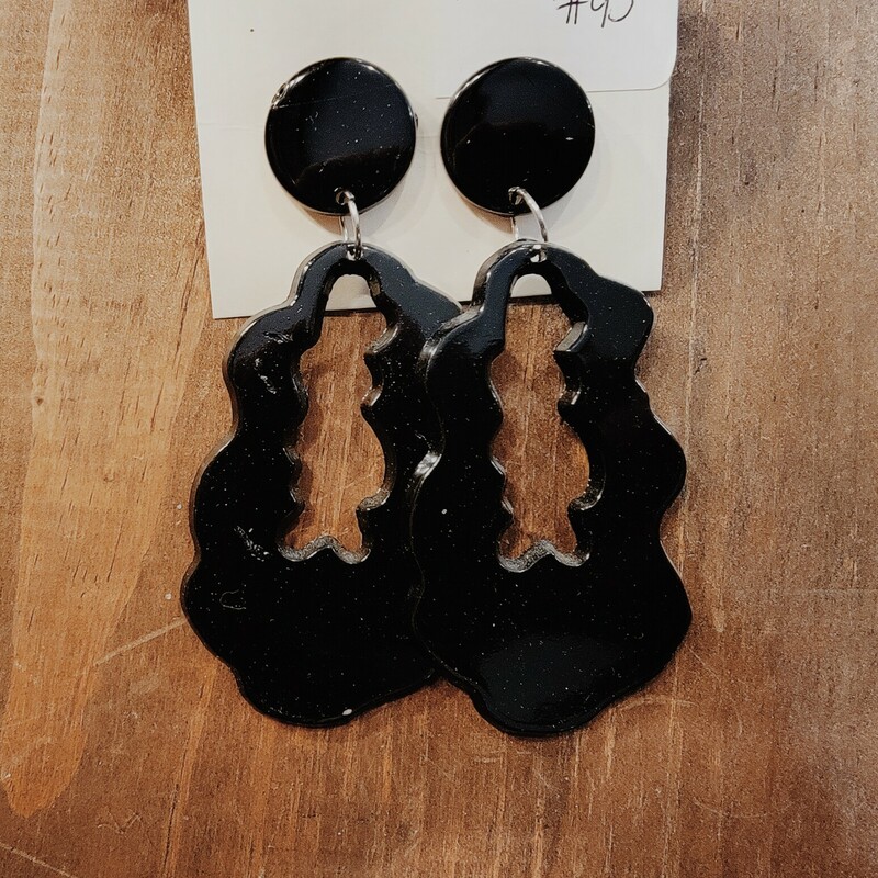 Black Plastic Boho Earrings, Measuring 3.5 inches long.