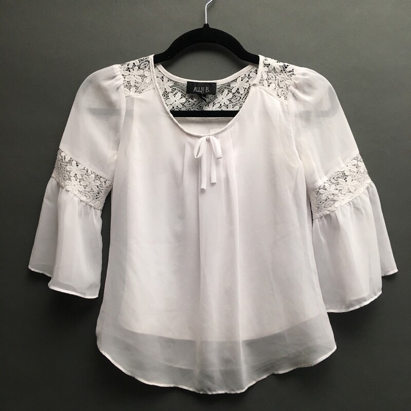 Ally B. Lace Detail Back 3/4 bell flare sleeve,sheer top, White, Size: 10-12 Child, 100% polyester lining %100 polyester. Note photos -  thereare several  small spots inside fabric and collar has unravel