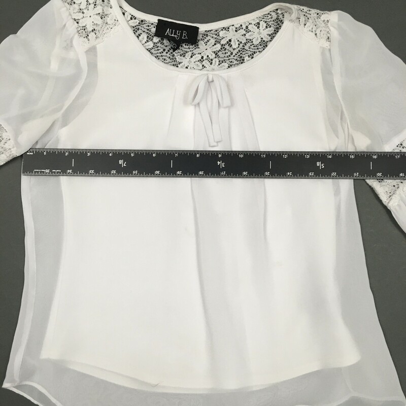 Ally B. Lace Detail Back 3/4 bell flare sleeve,sheer top, White, Size: 10-12 Child, 100% polyester lining %100 polyester. Note photos -  thereare several  small spots inside fabric and collar has unravel
