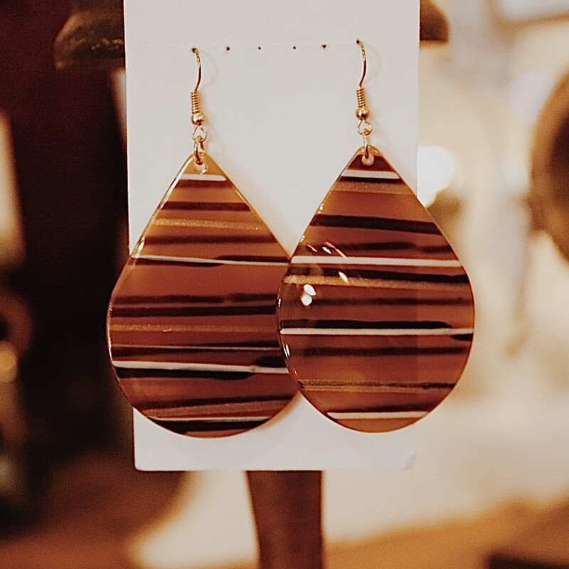 Brown Dangle Earring. Multi-color brown striped with some gold and white. Lightweight. 3in