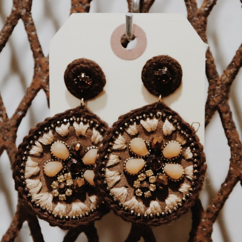 These earring are light weight  with brown woven thread and stone accents in the center. 2 1/2in long