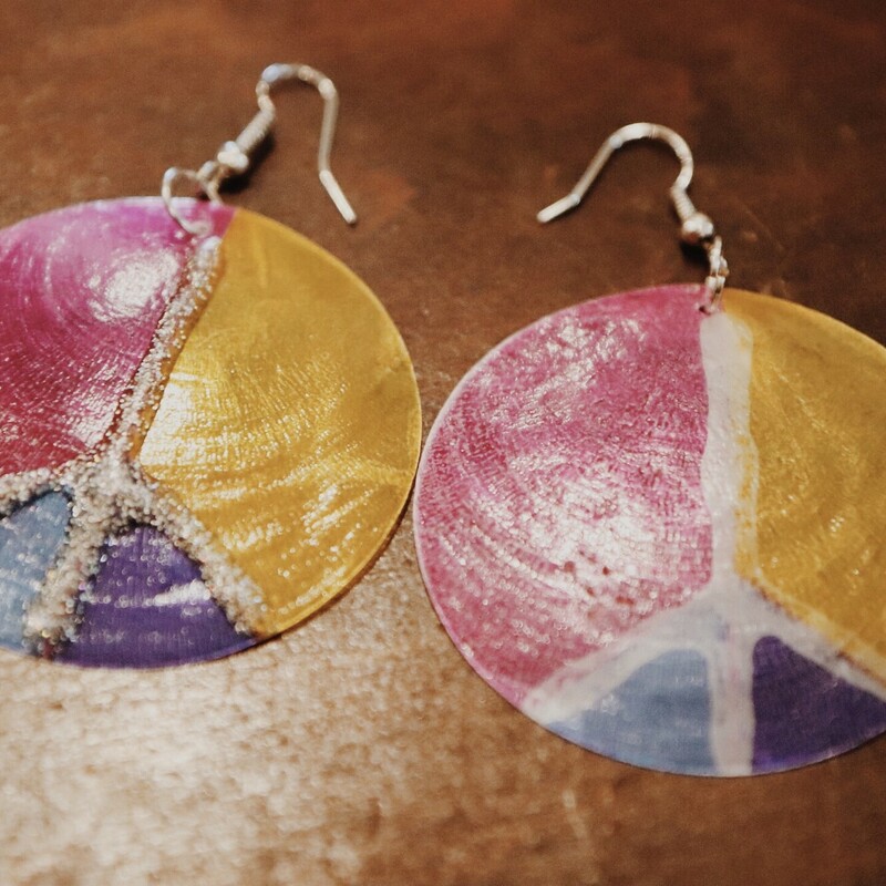 These peace sign shell earrings measure 2.5 inches long!