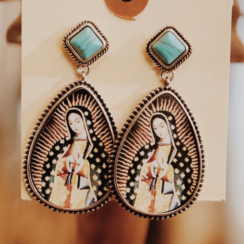 Turquoise Stone Mother Of Guatemala Earrings, egded in in silver metal with teardrop with the picture and a Turquoise stone pendant measuring 2.5 inches long.