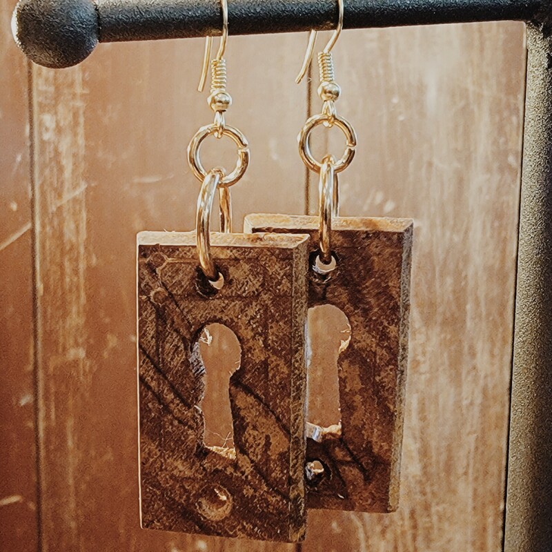 Wooden Keyhole Earrings. Measuring 3 inches long.