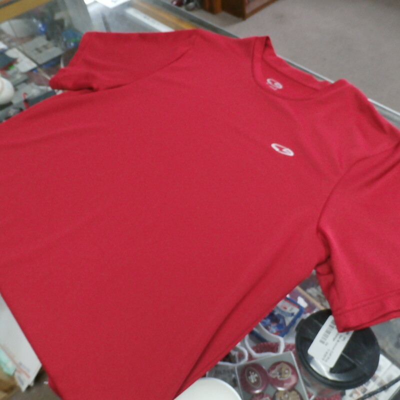 Champion Men's Shirt red Size Large polyester #25961
Rating:   (see below) 3- Good Condition
Team: N/A
Player: N/A
Brand:  Champion
Size: Men's  Large  (Measured Flat: across chest 20\", length 27\" )
Measured flat: armpit to armpit; top of shoulder to the bottom hem
Color:  Red
Style: Short sleeve; screen pressed; shirt;
Material:  100% polyester
Condition: - 3- Good Condition - wrinkled; minor pilling and fuzz; minor stretching fro use;
Item #: 25961
Shipping: FREE