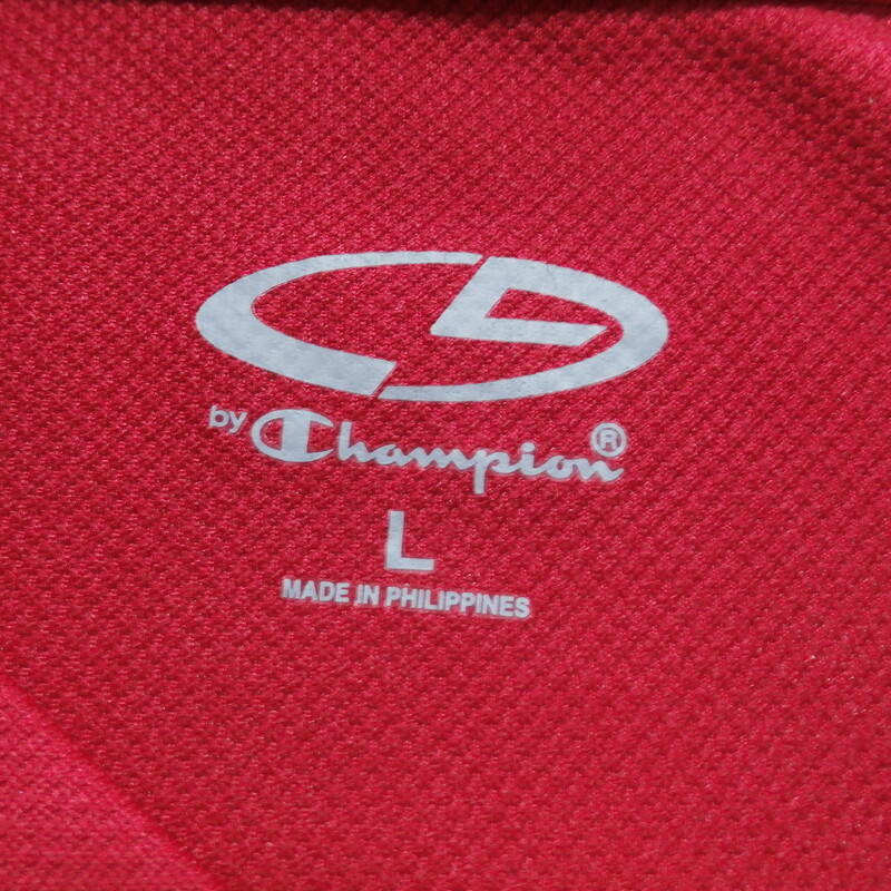 Champion Men's Shirt red Size Large polyester #25961
Rating:   (see below) 3- Good Condition
Team: N/A
Player: N/A
Brand:  Champion
Size: Men's  Large  (Measured Flat: across chest 20\", length 27\" )
Measured flat: armpit to armpit; top of shoulder to the bottom hem
Color:  Red
Style: Short sleeve; screen pressed; shirt;
Material:  100% polyester
Condition: - 3- Good Condition - wrinkled; minor pilling and fuzz; minor stretching fro use;
Item #: 25961
Shipping: FREE