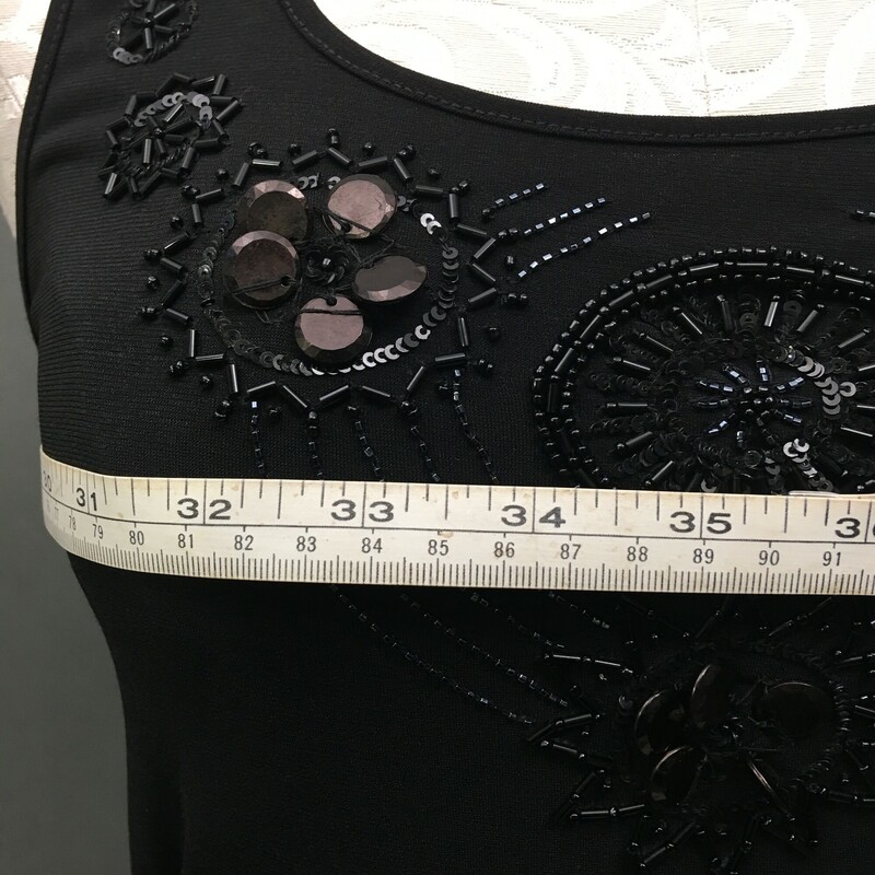 AND  Beaded Halter, Black, Size: Small, midi length mid calf, jet beading on bosom, elastic  line on back fror support, unlined,  no fabric tags - best guess polyblend. hand wash separately cold, dry flat no sunlight