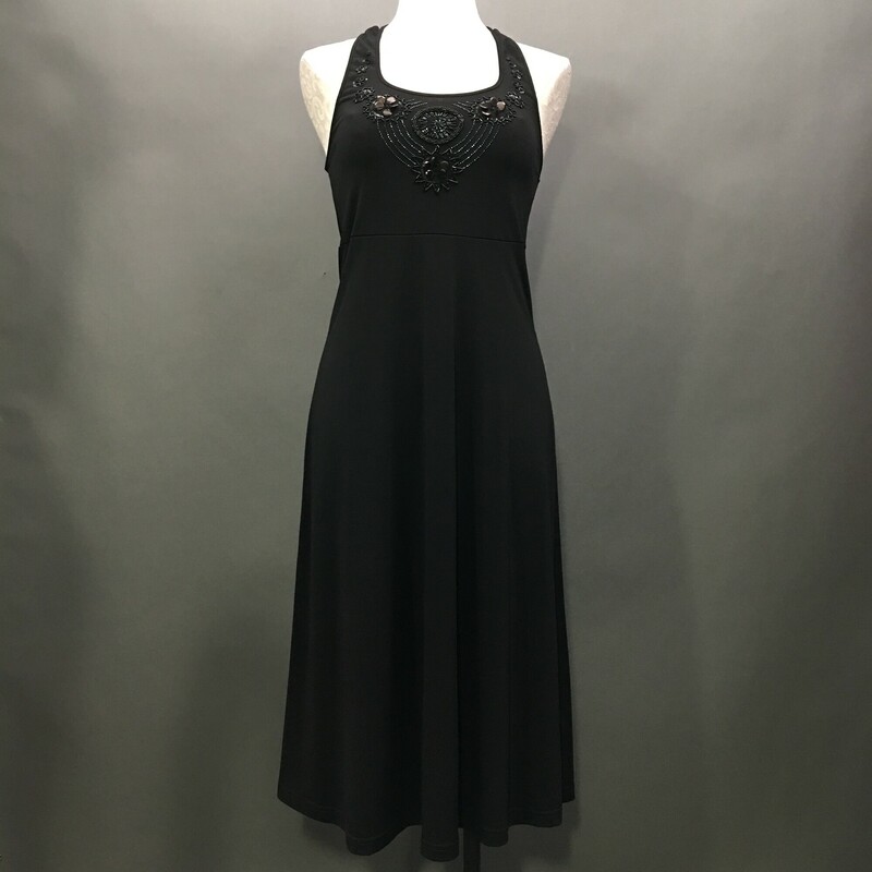 AND  Beaded Halter, Black, Size: Small, midi length mid calf, jet beading on bosom, elastic  line on back fror support, unlined,  no fabric tags - best guess polyblend. hand wash separately cold, dry flat no sunlight