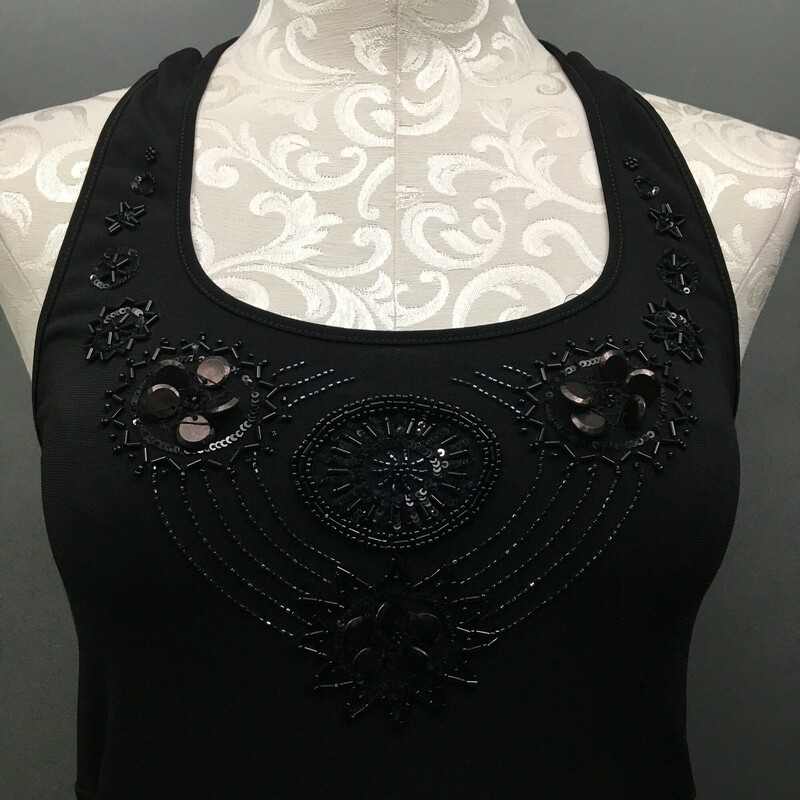 AND  Beaded Halter, Black, Size: Small, midi length mid calf, jet beading on bosom, elastic  line on back fror support, unlined,  no fabric tags - best guess polyblend. hand wash separately cold, dry flat no sunlight