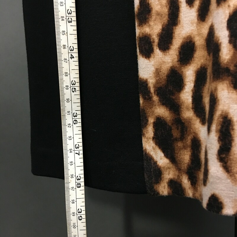 Chico Easy Wear, Pattern, Size: 0 black over knee, long sleeves dress with front center leopard print panel. 100% polyester. machine wash cold gentle no bleach tumble low  warm iron, may also be dry cleaned.