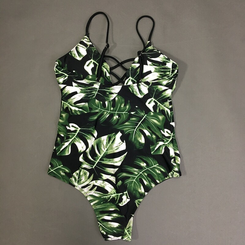 Black, green and white Leaf Printed front lattice detail One piece, Floral, Size: Medium<br />
insertable soft cups, front is lined, adjustable spaghetti straps, high square back<br />
5.1 oz