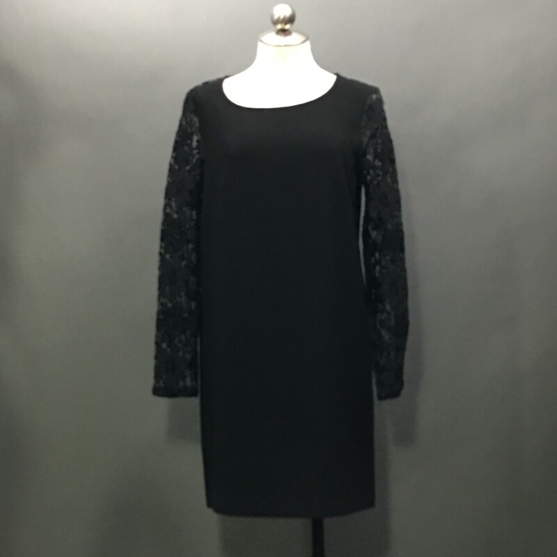 BCBGeneration, Black knee length Size: M, lace sleeves and back, no fabric tags, pullover, machine wash cold poly cotton spandex blend