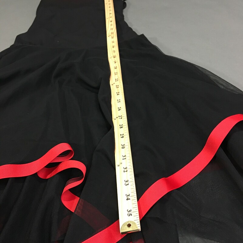 Ariella Black Dress Red Ribbon border, Black sheer skirt layer, with red ribbon trim. black fabric lining, spaghetti straps, Size: M no fabric tags. This dress is a pullover and is sizes small - we recommend size 2 or 4 Petite