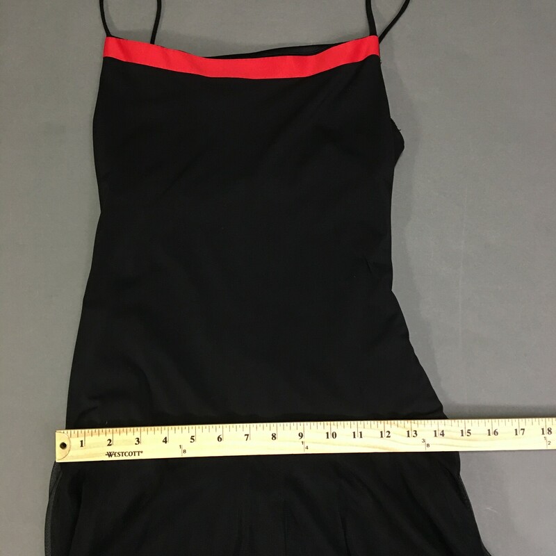Ariella Black Dress Red Ribbon border, Black sheer skirt layer, with red ribbon trim. black fabric lining, spaghetti straps, Size: M no fabric tags. This dress is a pullover and is sizes small - we recommend size 2 or 4 Petite