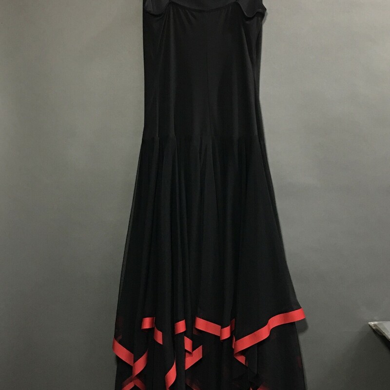 Ariella Black Dress Red Ribbon border, Black sheer skirt layer, with red ribbon trim. black fabric lining, spaghetti straps, Size: M no fabric tags. This dress is a pullover and is sizes small - we recommend size 2 or 4 Petite