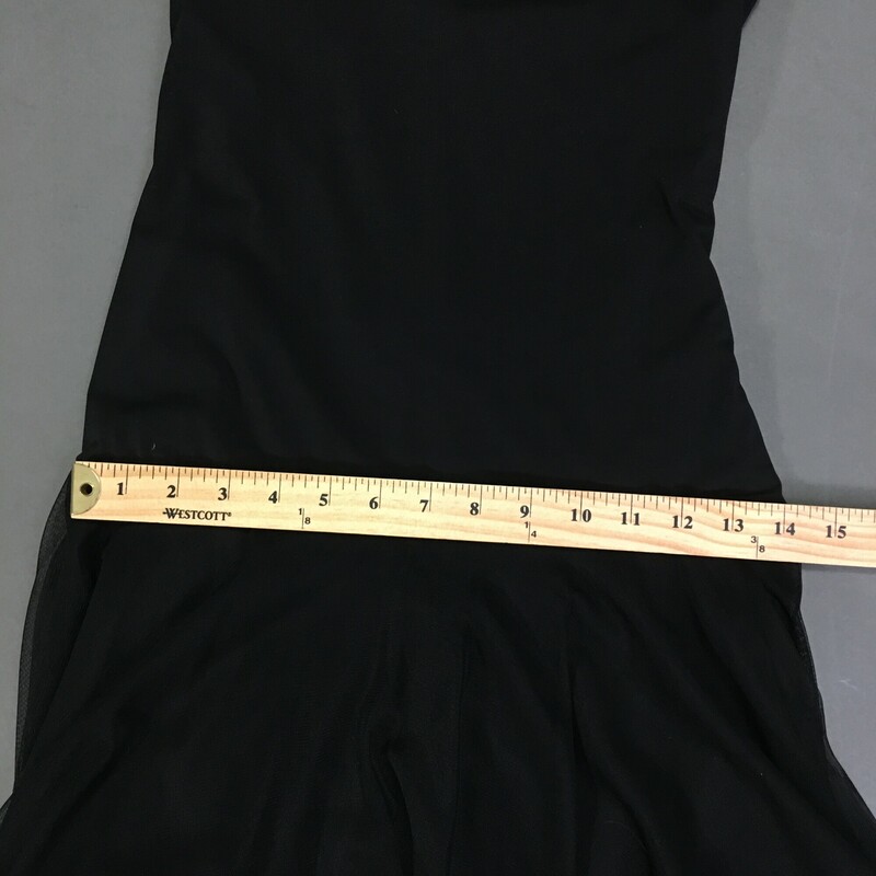 Ariella Black Dress Red Ribbon border, Black sheer skirt layer, with red ribbon trim. black fabric lining, spaghetti straps, Size: M no fabric tags. This dress is a pullover and is sizes small - we recommend size 2 or 4 Petite