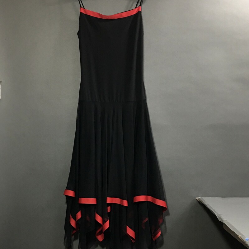 Ariella Black Dress Red Ribbon border, Black sheer skirt layer, with red ribbon trim. black fabric lining, spaghetti straps, Size: M no fabric tags. This dress is a pullover and is sizes small - we recommend size 2 or 4 Petite