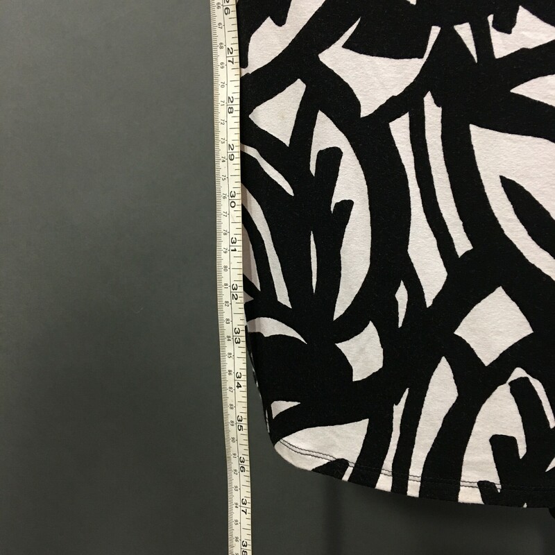 Ann Taylor, Pattern, Size: Petite,  jersey pullover  black and white print v neck knee length a line dress, unlined. No fabric tags, see photos for measurements. There is a very small stainnoted with blue tape in photo. Best guess this is a poly blend, by hand or machine wash gentle cold spearates, line dry.